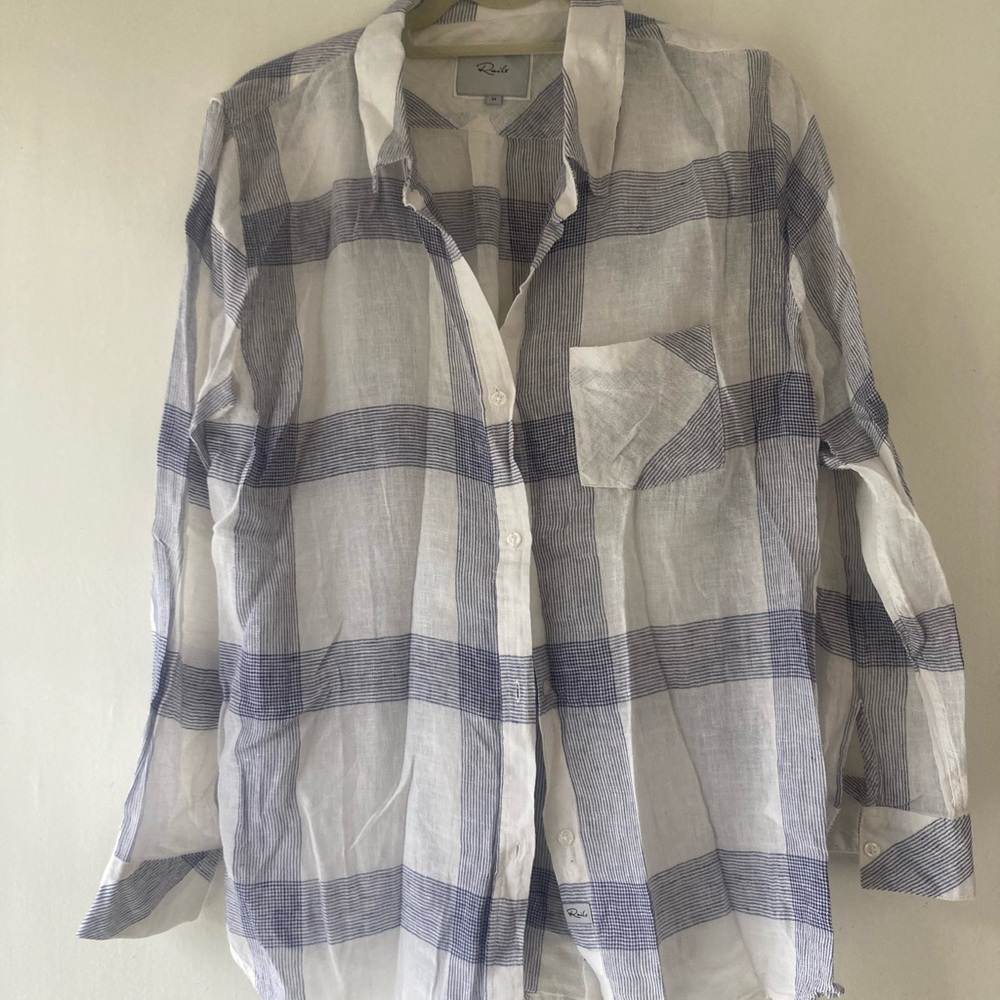 Rails Blue and White Lightweight Linen Rayon Plaid Botton Shirt Size M